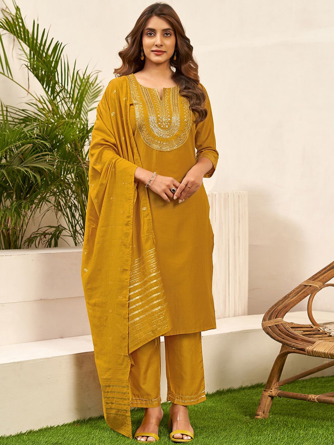 

KALINI Ethnic Motifs Embroidered Sequinned Straight Kurta & Trousers With Dupatta, Yellow