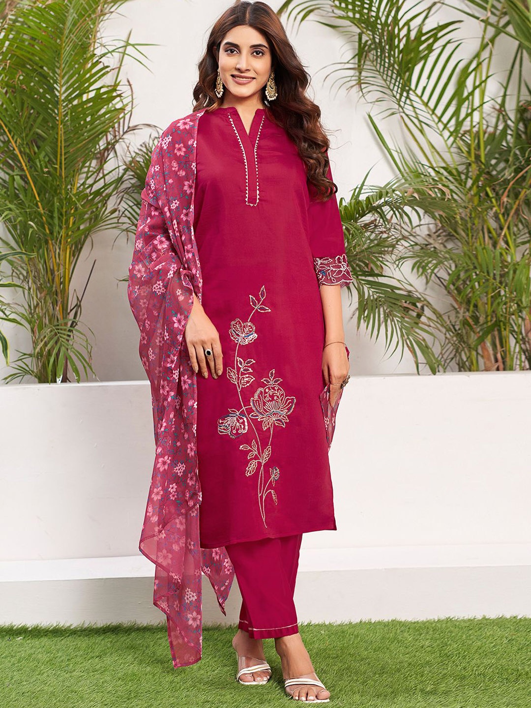 

KALINI Floral Printed Mandarin Collar Sequinned Kurta With Trousers & Dupatta, Pink