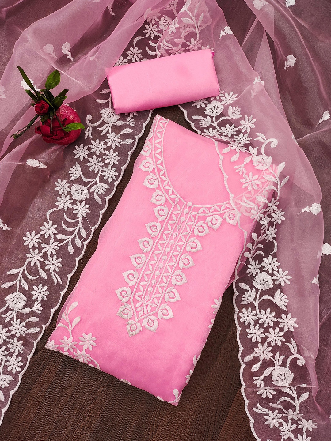 

KALINI Embroidered Organza Unstitched Dress Material, Pink