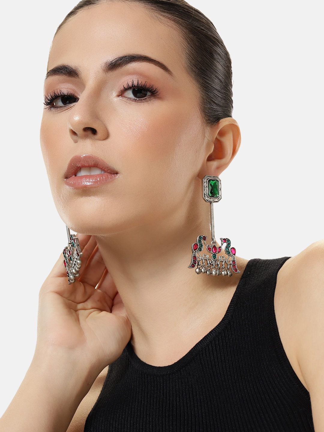 

ABDESIGNS Classic Silver-Plated Artificial Stones & Beads Drop Earrings