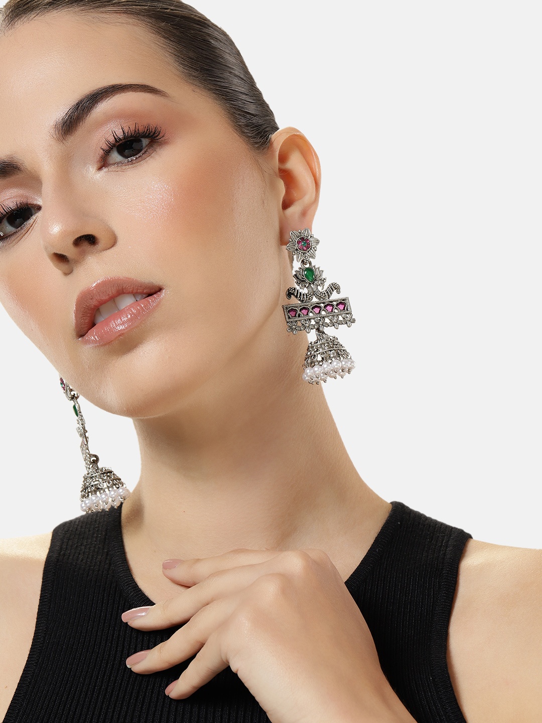 

ABDESIGNS Classic Silver-Plated Artificial Stones & Beads Drop Earrings