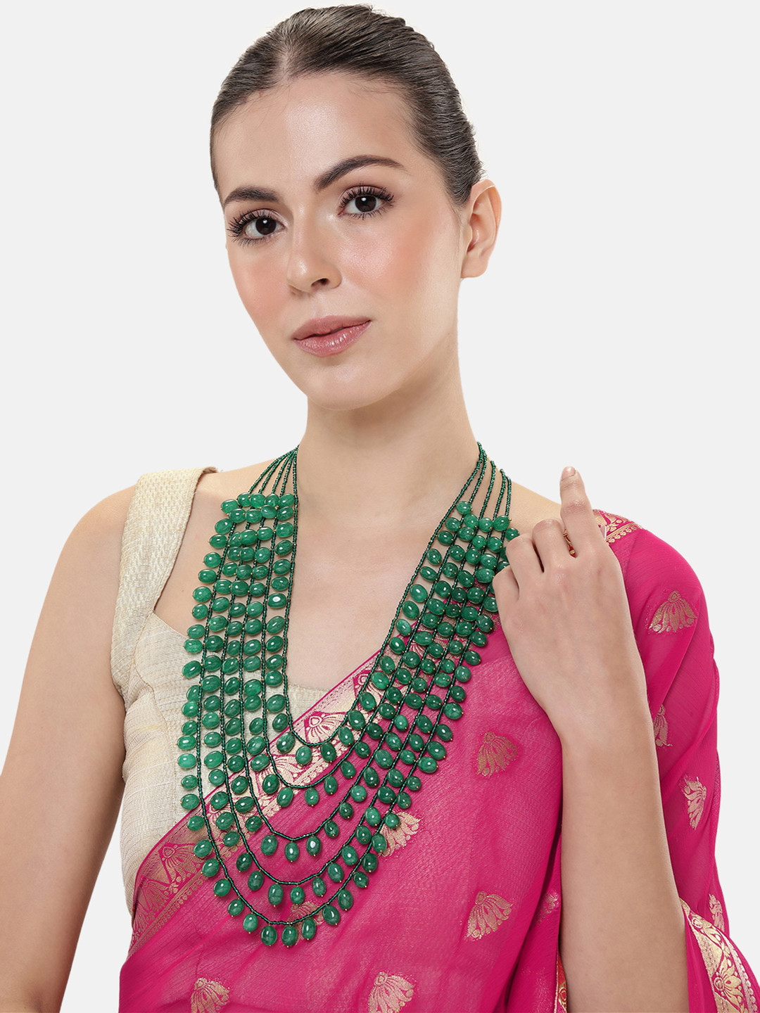 

ABDESIGNS Gold-Plated Artificial Beads & Stones Studded Layered Necklace, Green
