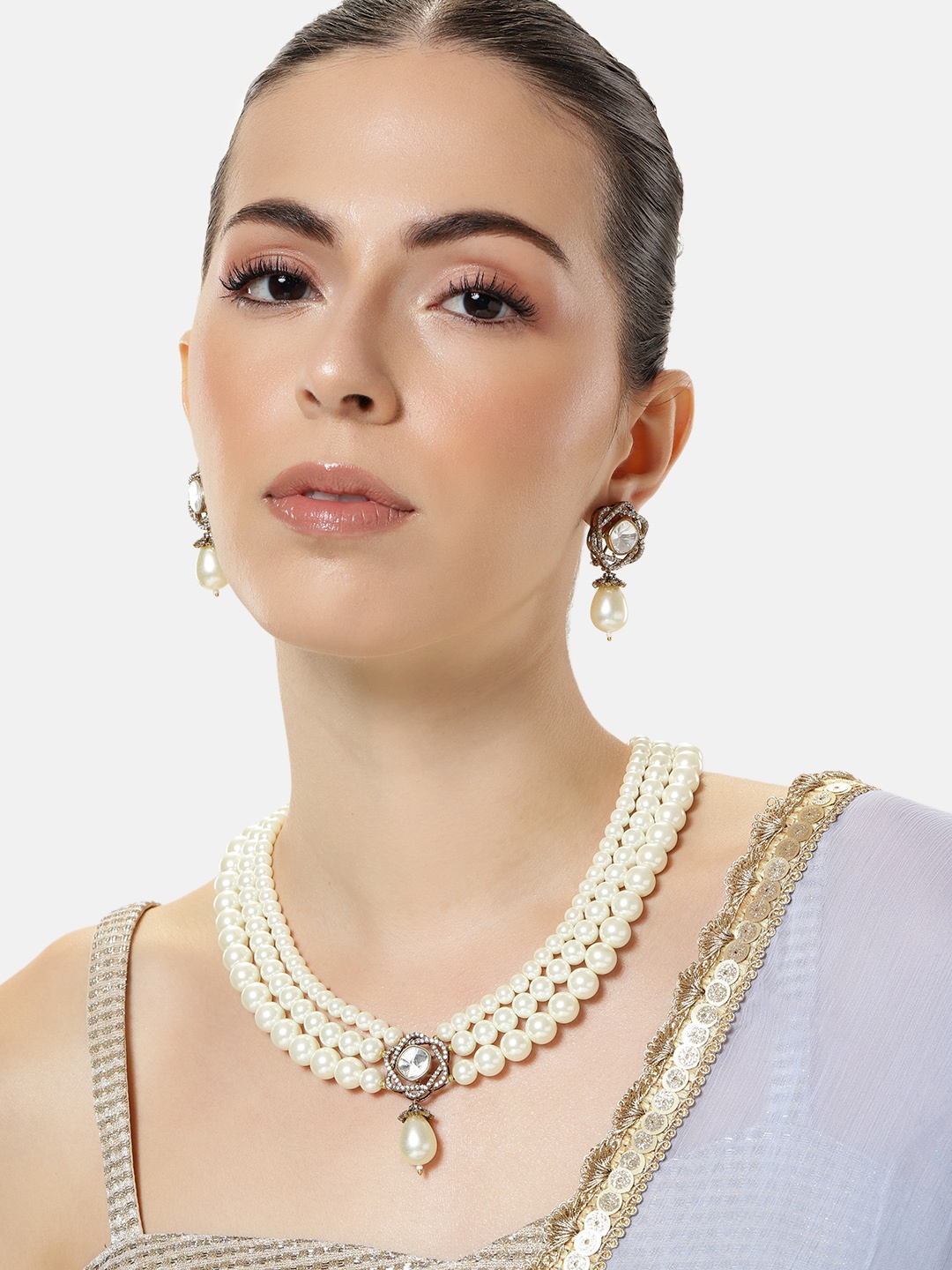 

ABDESIGNS Gold-Plated American Diamond Studded Layered Jewellery Set