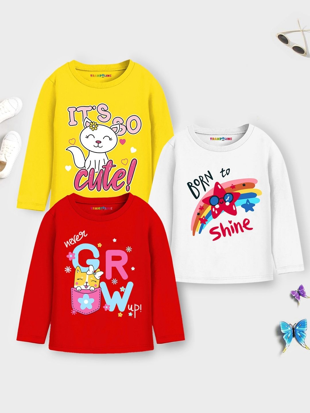 

YK X Trampoline Girls Pack Of 3 Typography Printed Round Neck T-shirts, Red