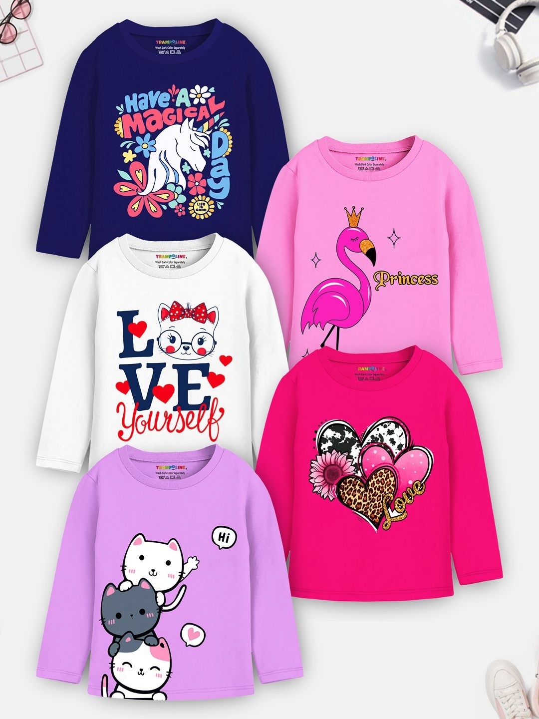 

YK X Trampoline Girls Pack Of 5 Typography Printed Round Neck T-shirts, Pink