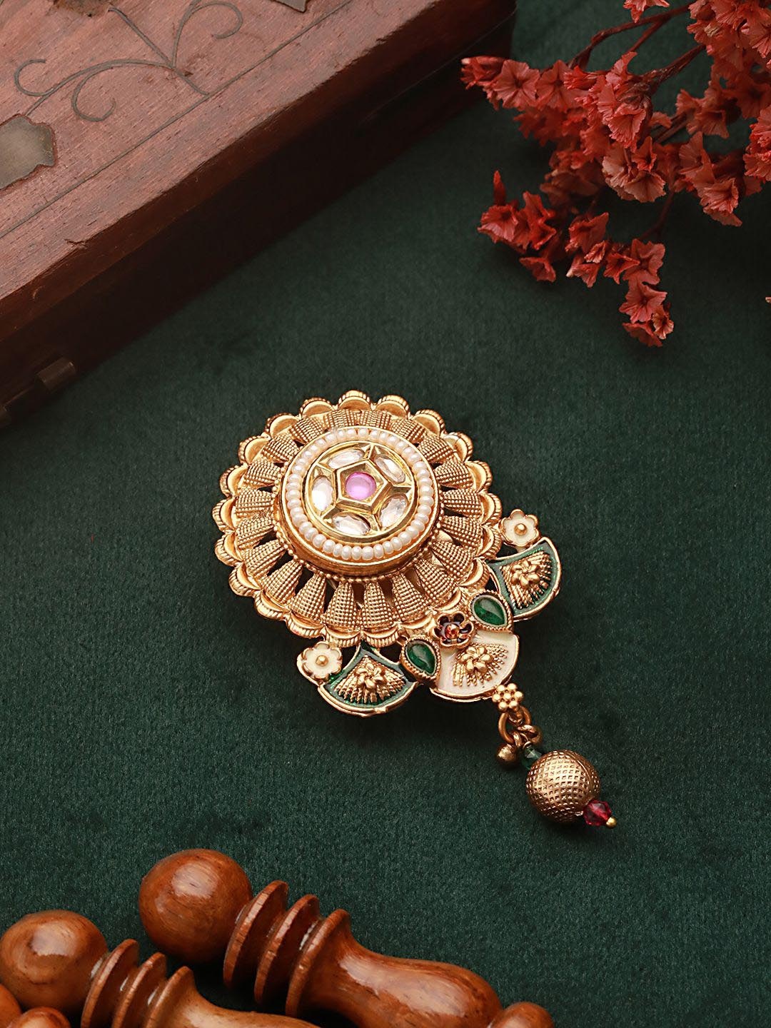 

Saraf RS Jewellery Cubic Zirconia Kundan & Pearl Beaded Saree Clip Saree Accessories, Gold