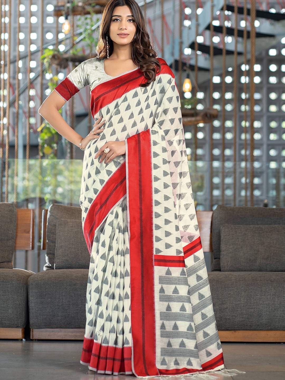 

HEER FASHION Woven Design Pure Cotton Saree, Red