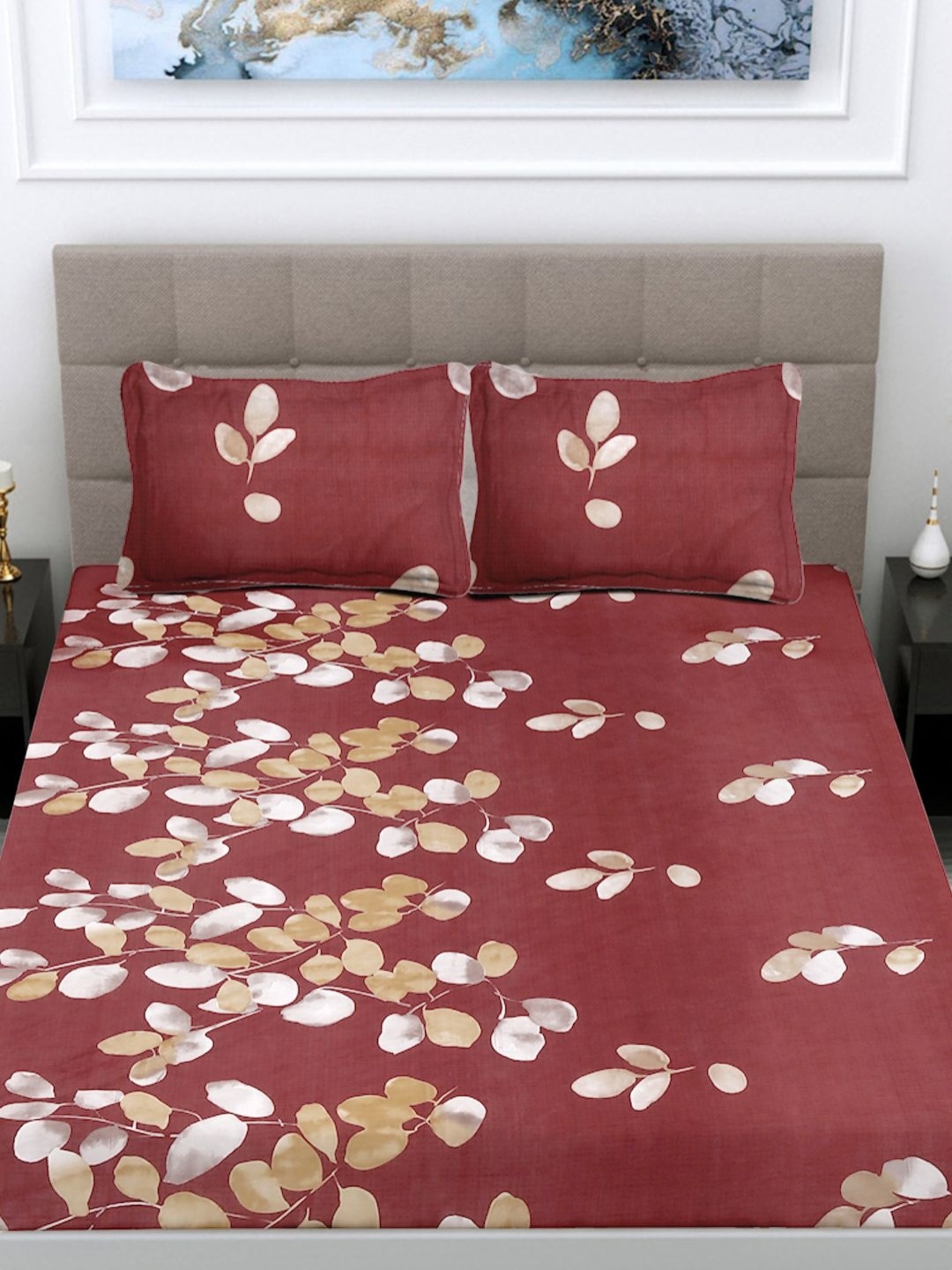 

FABINALIV Maroon & White Floral 300 TC King Bedsheet with 2 Pillow Covers