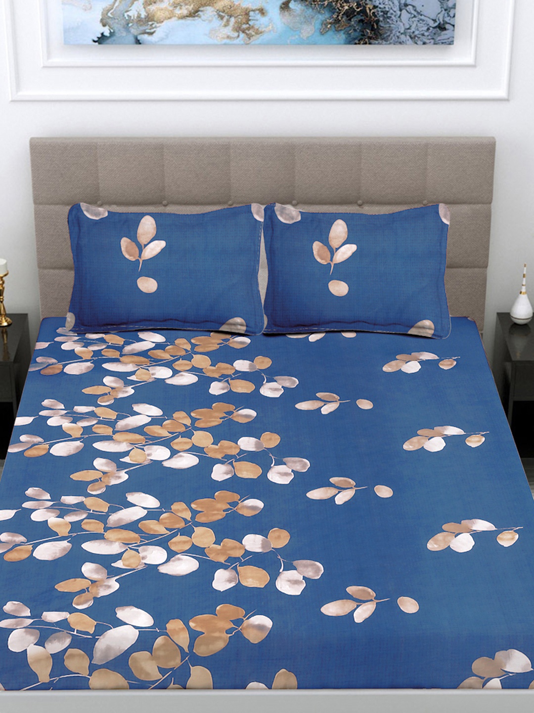 

FABINALIV Blue & Brown Floral Printed 300 TC King Bedsheet With 2 Pillow Covers