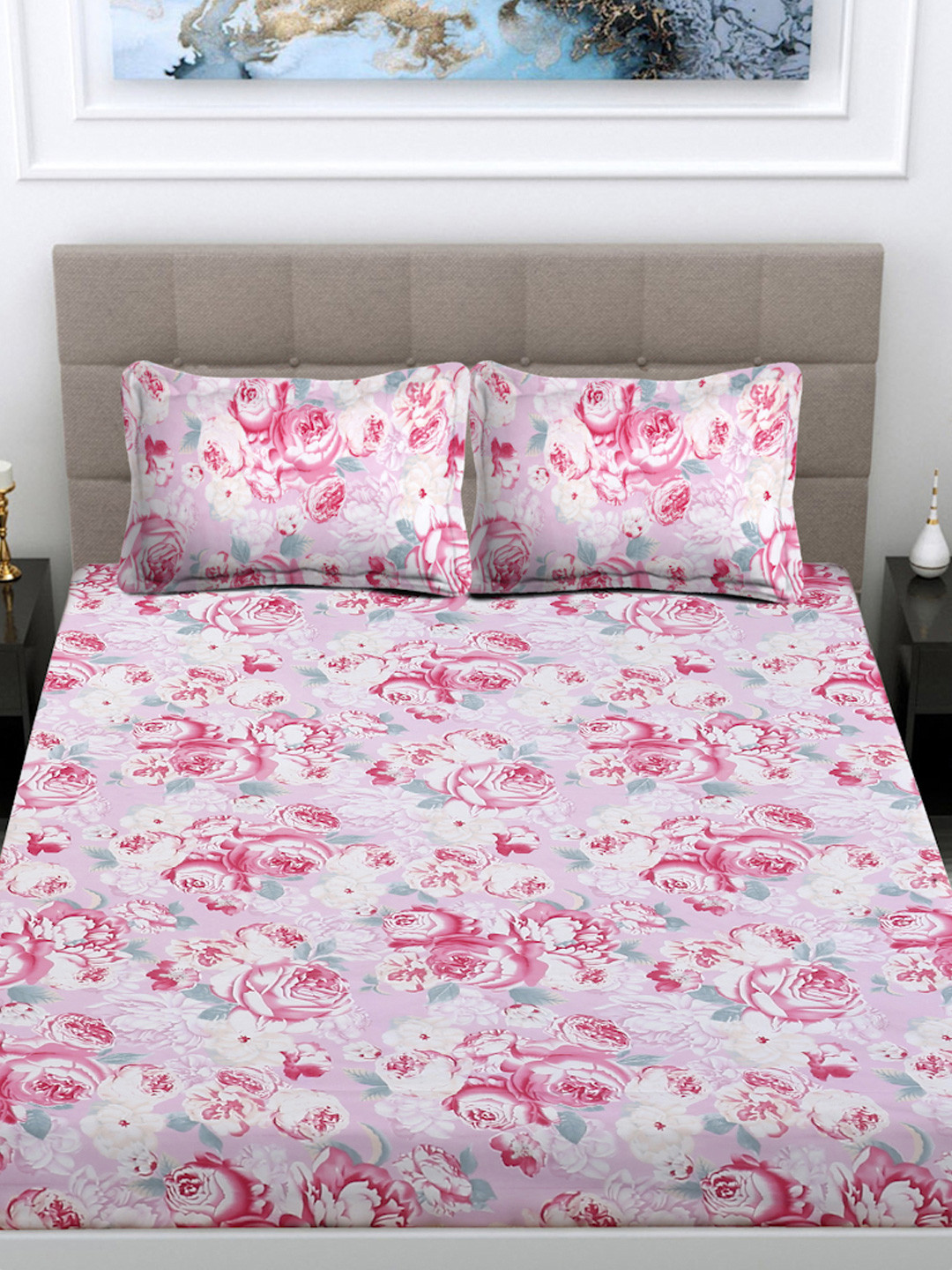 

FABINALIV Pink & White Floral Printed 300 TC King Bedsheet With 2 Pillow Covers