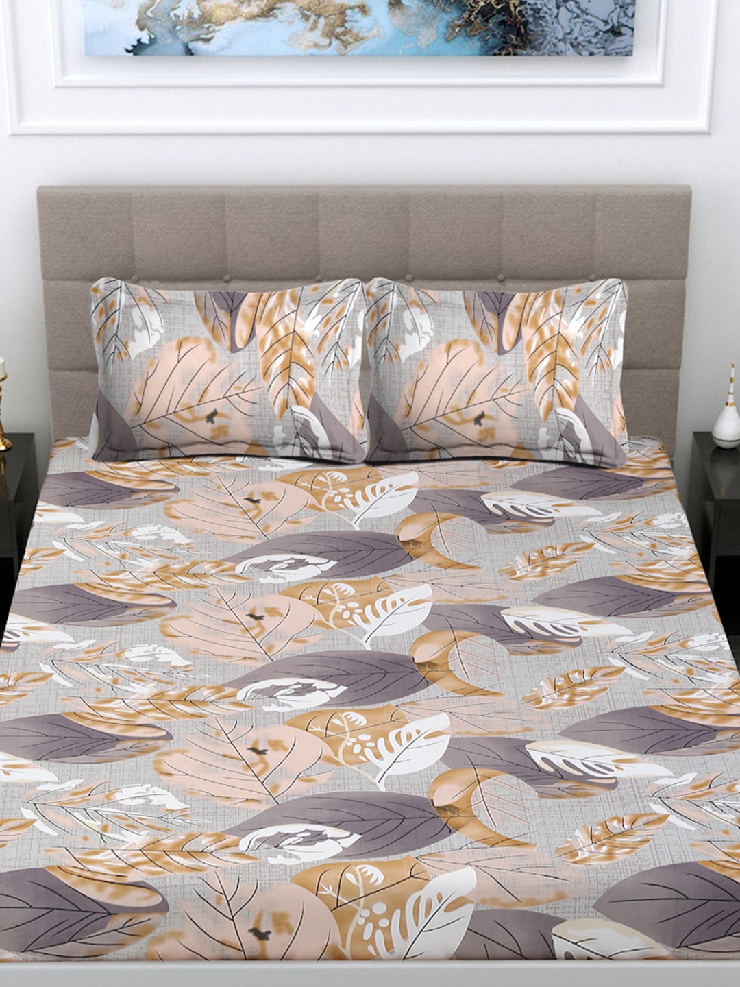 

FABINALIV Grey & Beige Floral 300 TC King Bedsheet with 2 Pillow Covers