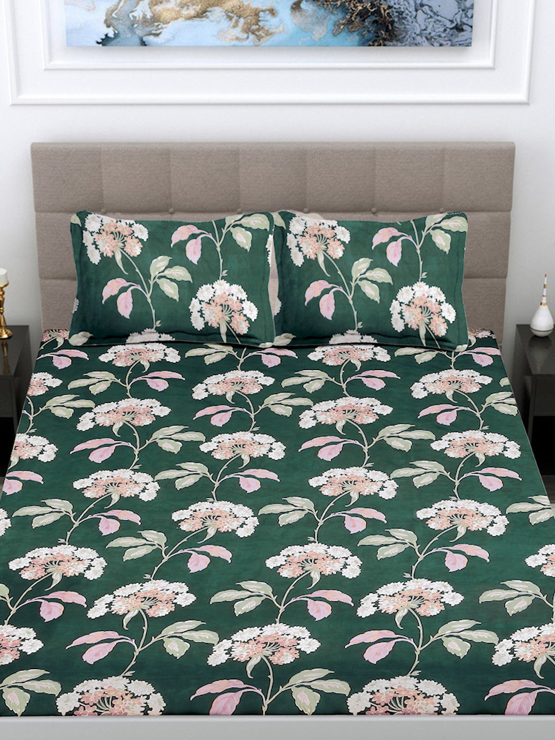 

FABINALIV Green & White Floral 300 TC Double King Bedsheet With 2 Pillow Covers