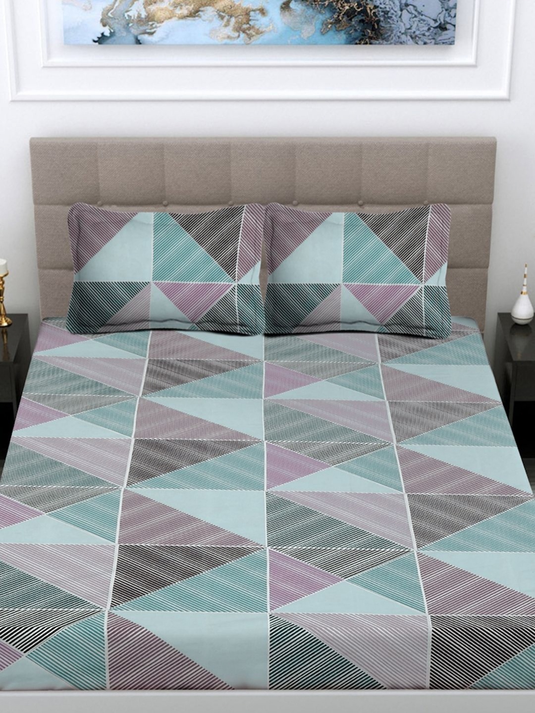 

FABINALIV Green & Purple Geometric 300 TC King Bedsheet with 2 Pillow Covers