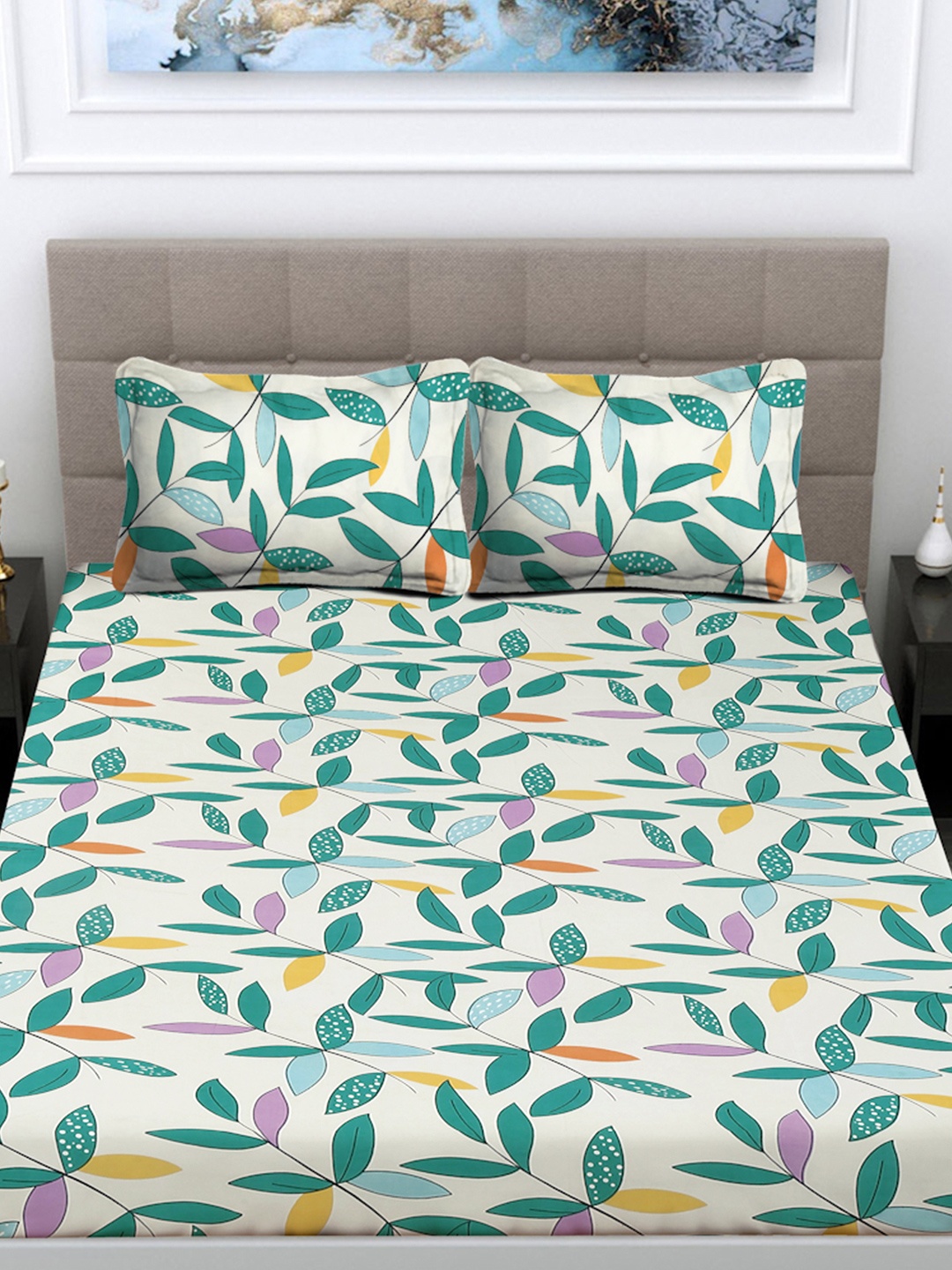 

FABINALIV White & Green Floral Printed 300 TC King Bedsheet with 2 Pillow Covers