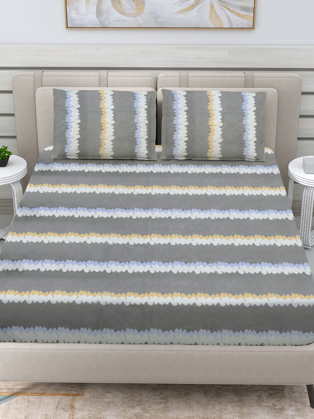 

FABINALIV Grey & White Striped 300 TC Double King Bedsheet With 2 Pillow Covers