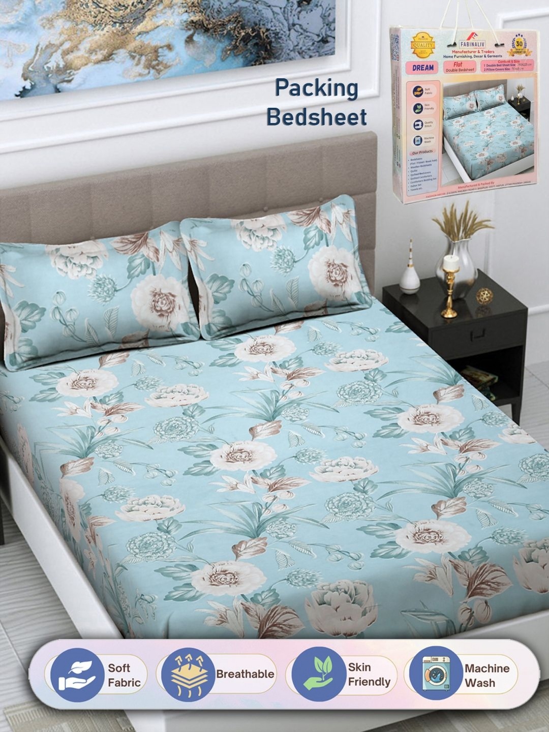 

FABINALIV Blue & White Floral 300 TC King Bedsheet with 2 Pillow Covers