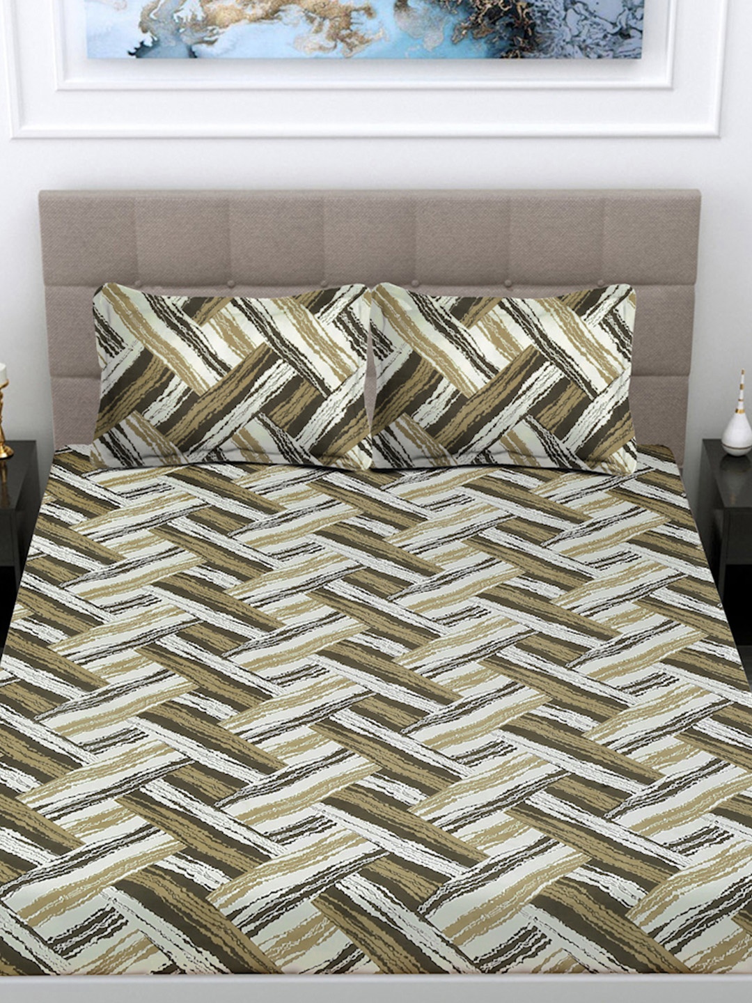 

FABINALIV Green & Grey Geometric 300 TC King Bedsheet with 2 Pillow Covers