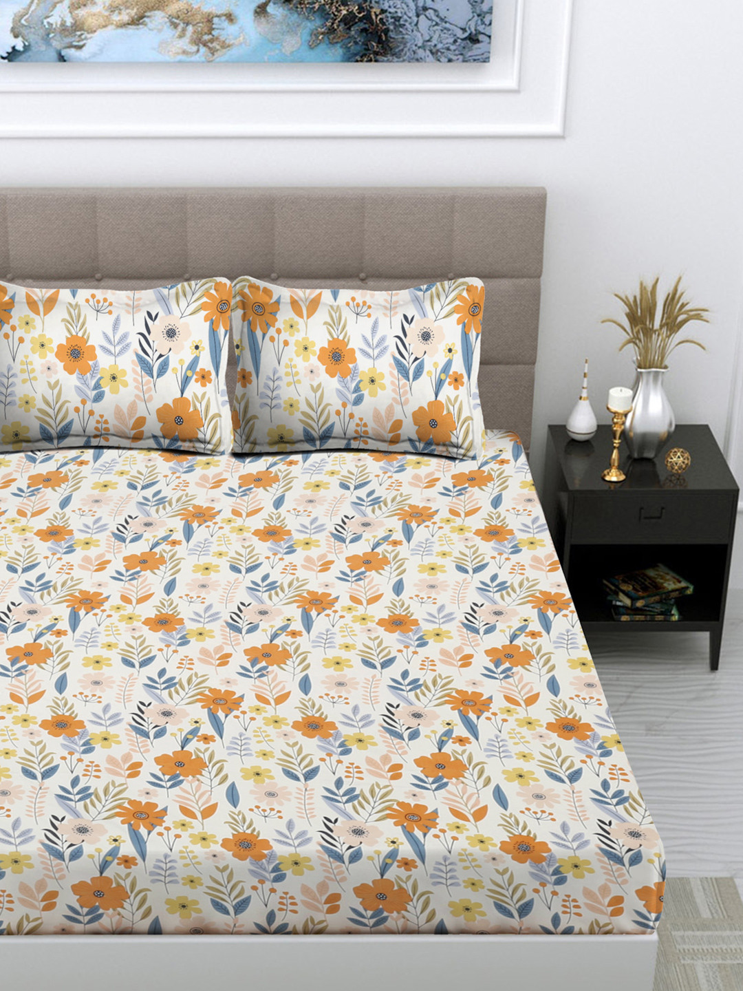 

FABINALIV White & Blue Floral 300 TC Double King Bedsheet With 2 Pillow Covers