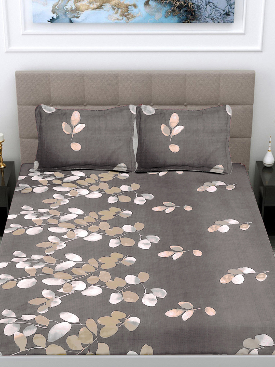 

FABINALIV Grey & White Floral 300 TC Double King Bedsheet With 2 Pillow Covers