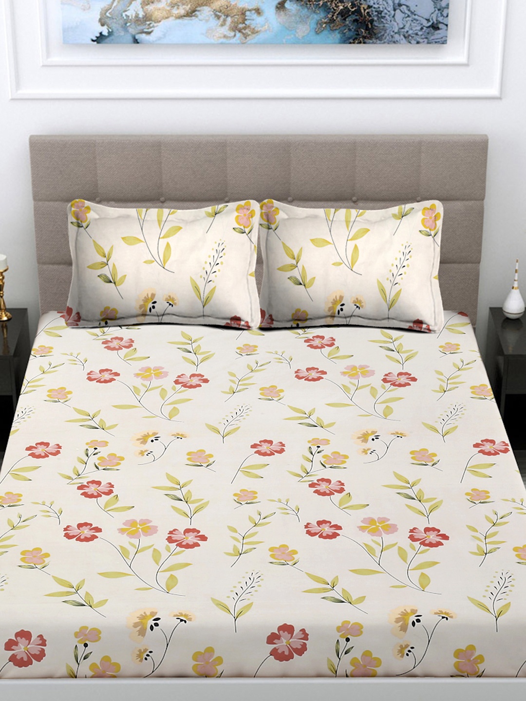 

FABINALIV Cream-Coloured & Yellow Floral Printed 300 TC King Bedsheet with 2 Pillow Covers