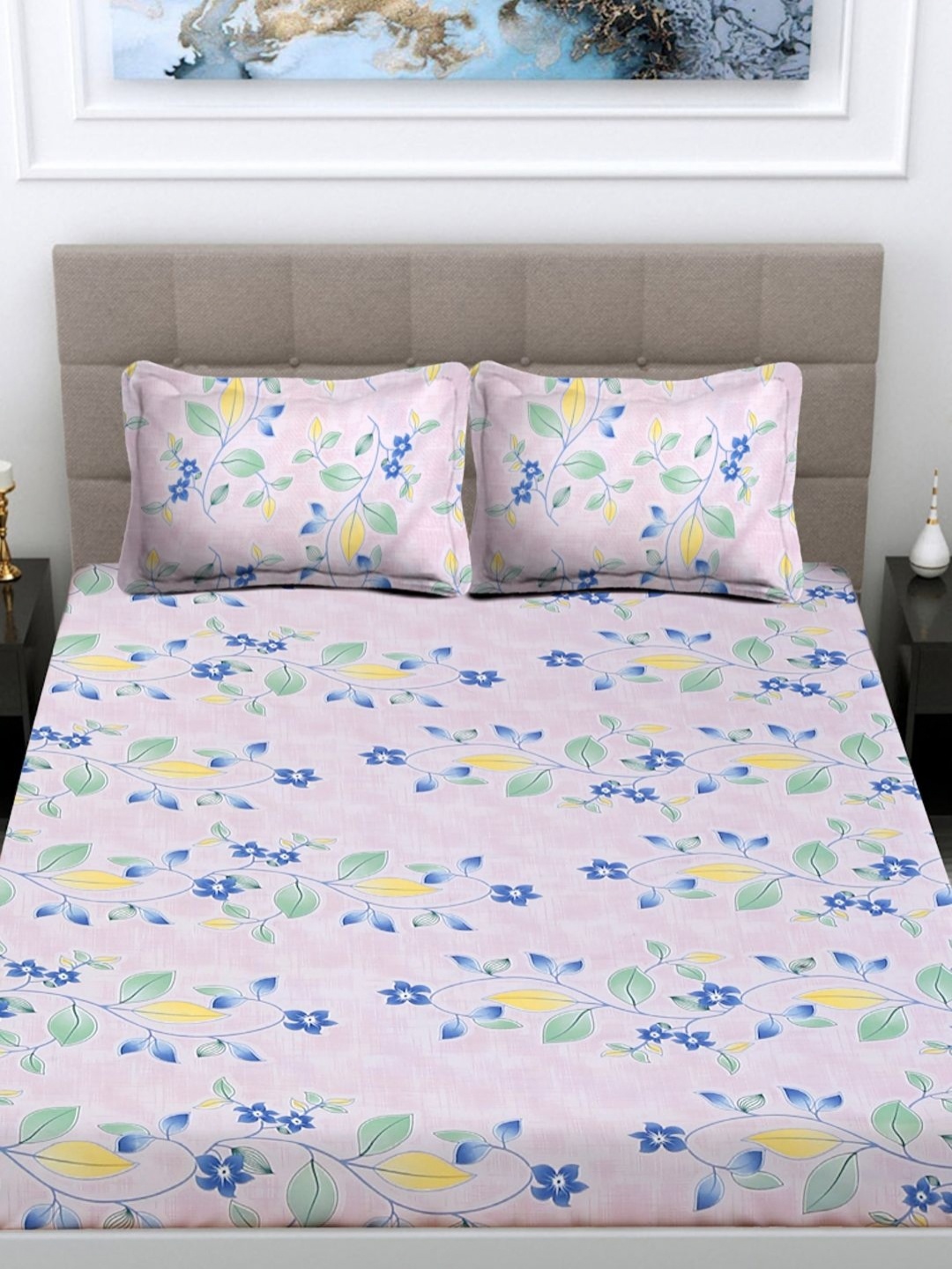 

FABINALIV Pink & Green Floral 300 TC King Bedsheet with 2 Pillow Covers