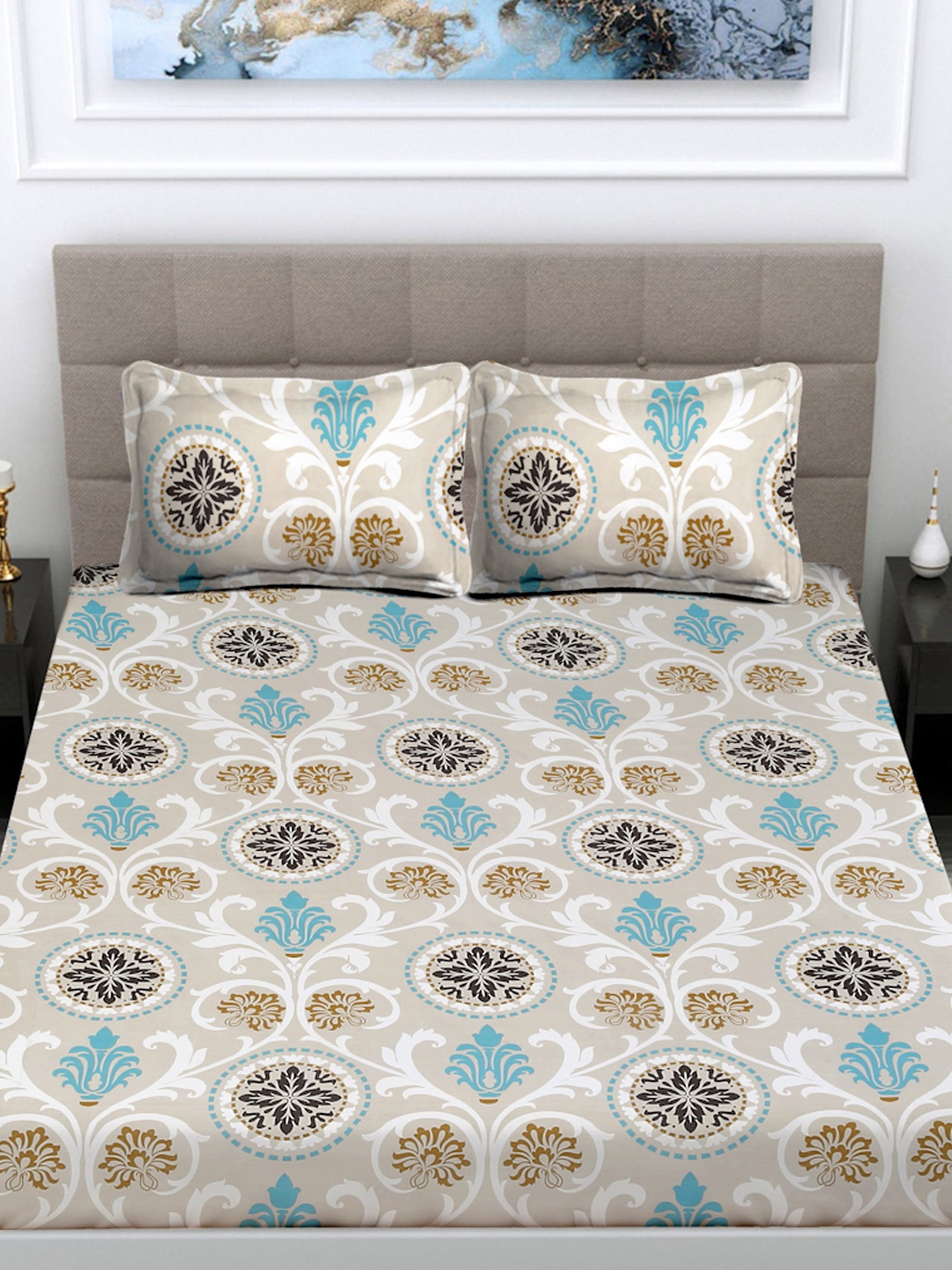 

FABINALIV Cream-Coloured & Blue Floral 300 TC Double King Bedsheet With 2 Pillow Covers