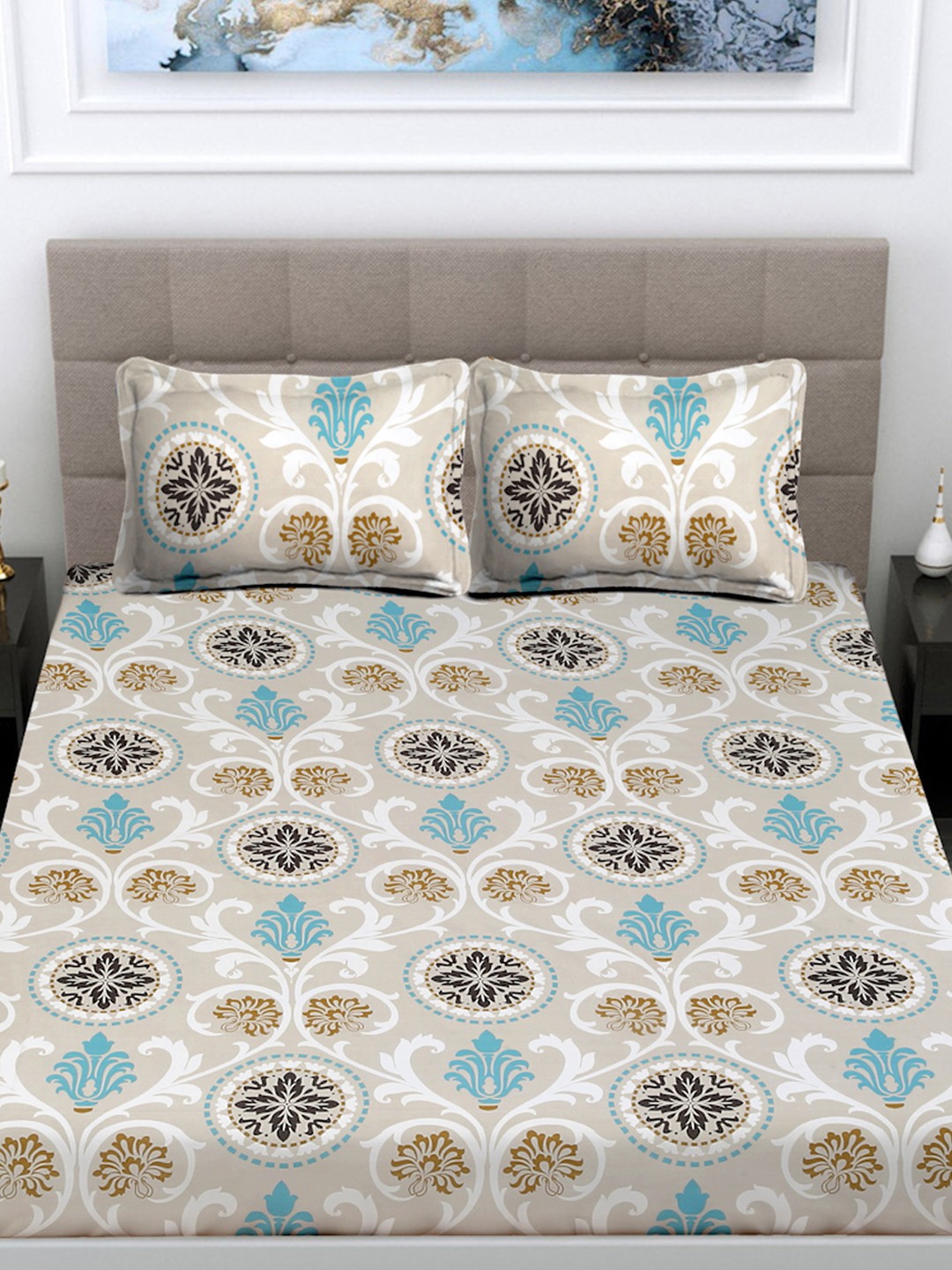 

FABINALIV Cream-Coloured & Blue Floral 300 TC Double King Bedsheet With 2 Pillow Covers