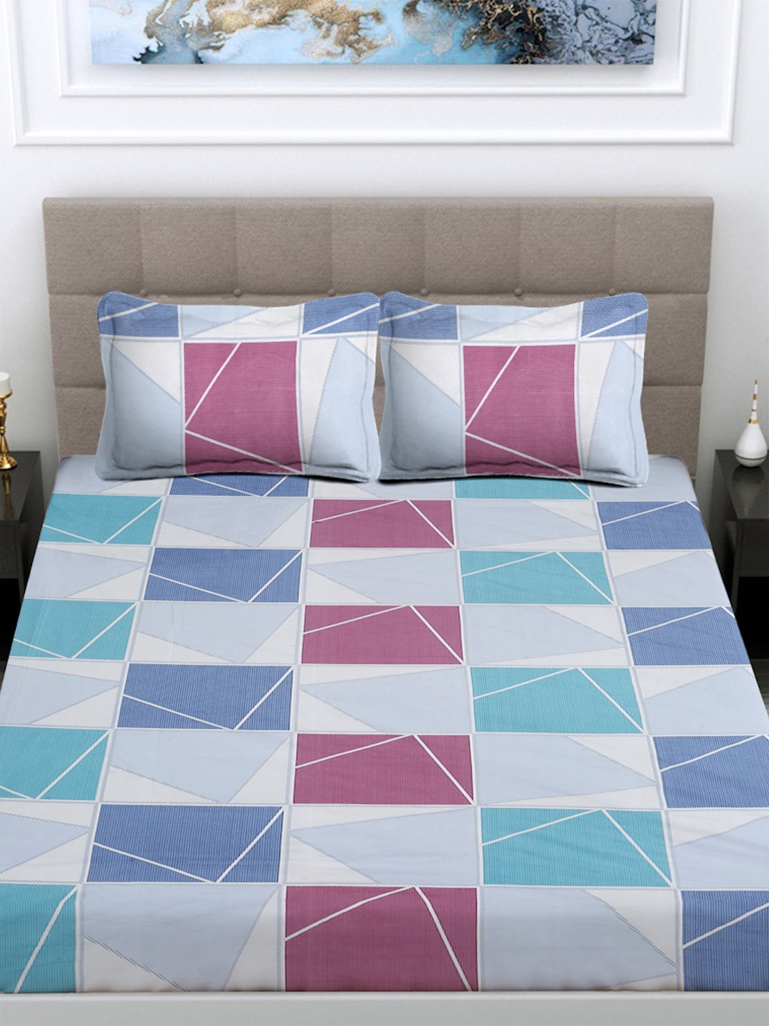 

FABINALIV Blue & White Geometric 300 TC Cotton King Bedsheet with 2 Pillow Covers