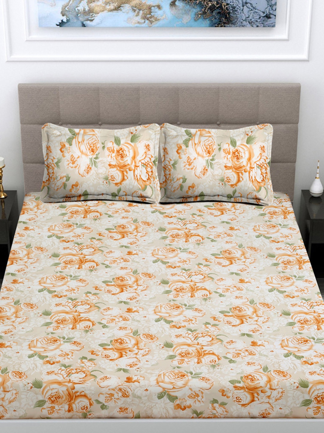 

FABINALIV Beige & Orange Floral 300 TC King Bedsheet With 2 Pillow Covers
