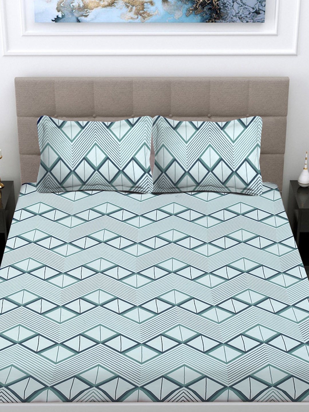 

FABINALIV Blue & Green Geometric 300 TC Double King Bedsheet With 2 Pillow Covers