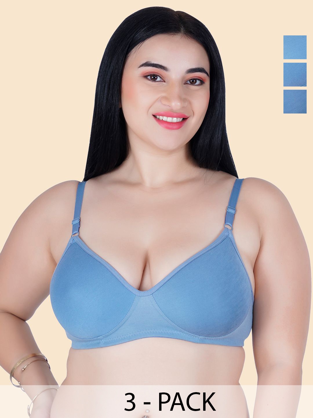 

KOMLI Pack Of 3 Full Coverage Medium Padded Cotton All Day Comfort Bras, Blue