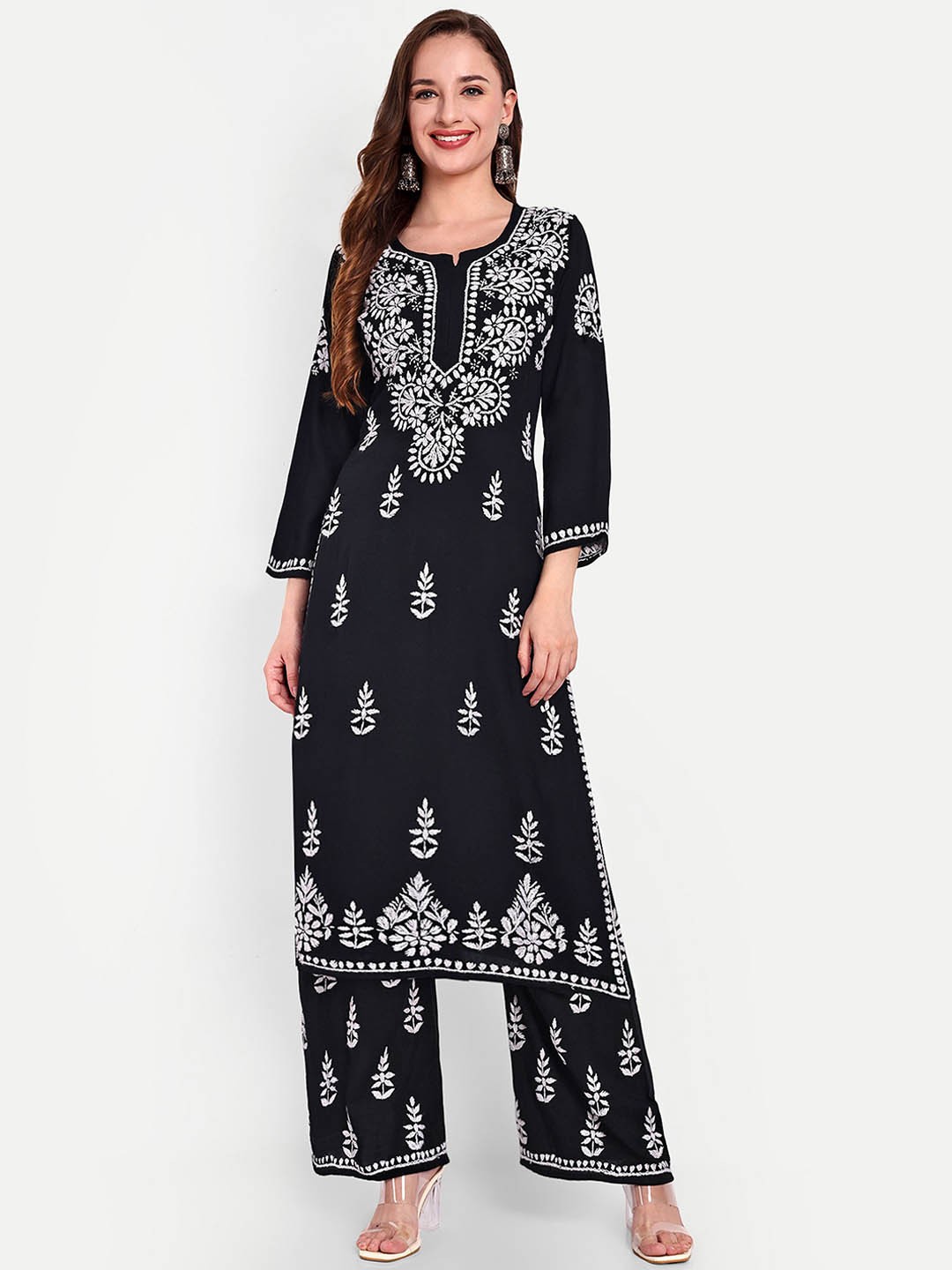 

Indiankala4u Floral Embroidered Notch Neck Chikankari Straight Kurta with Palazzos, Black