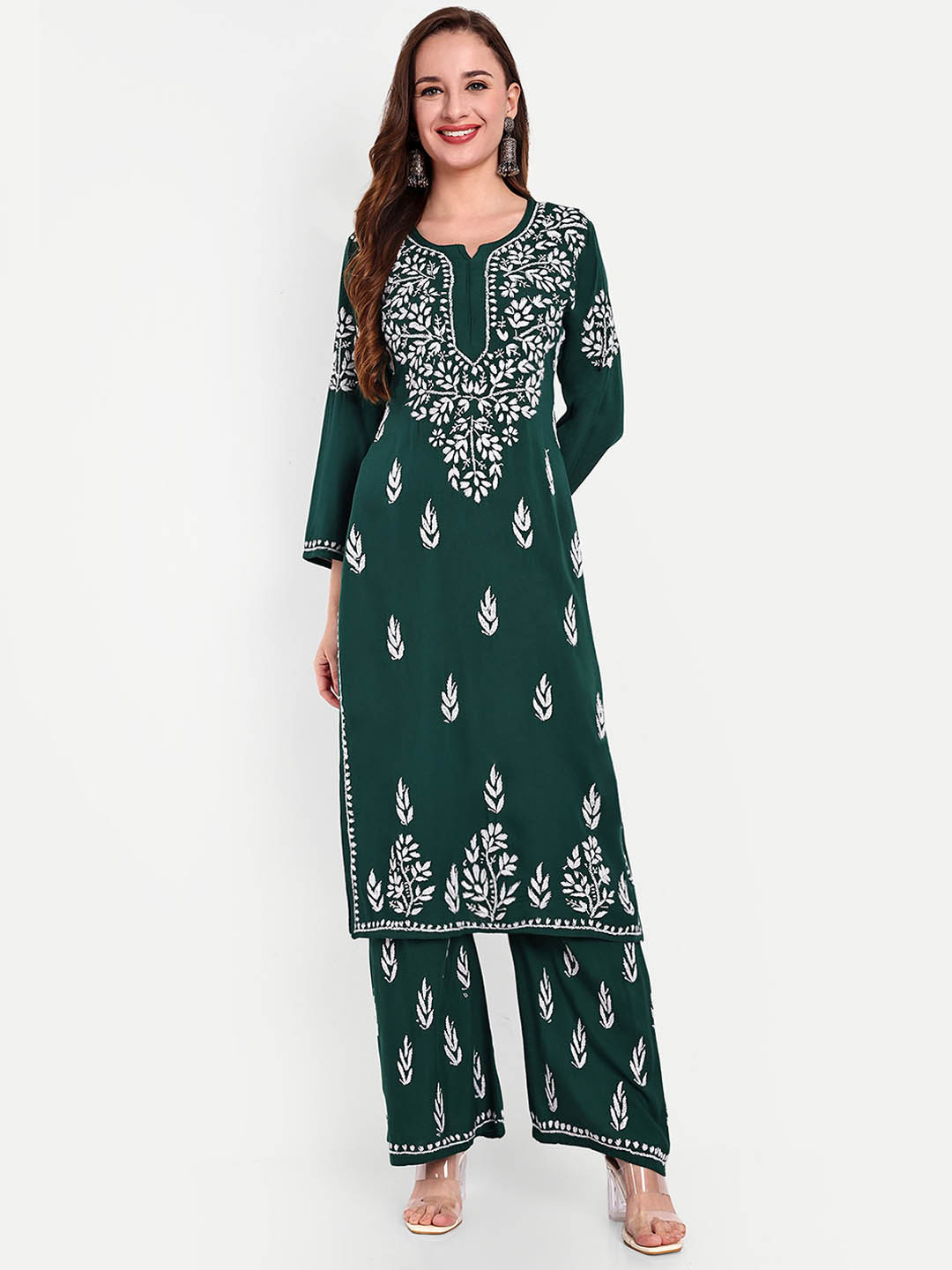 

Indiankala4u Floral Embroidered Notch Neck Chikankari Straight Kurta with Palazzos, Green