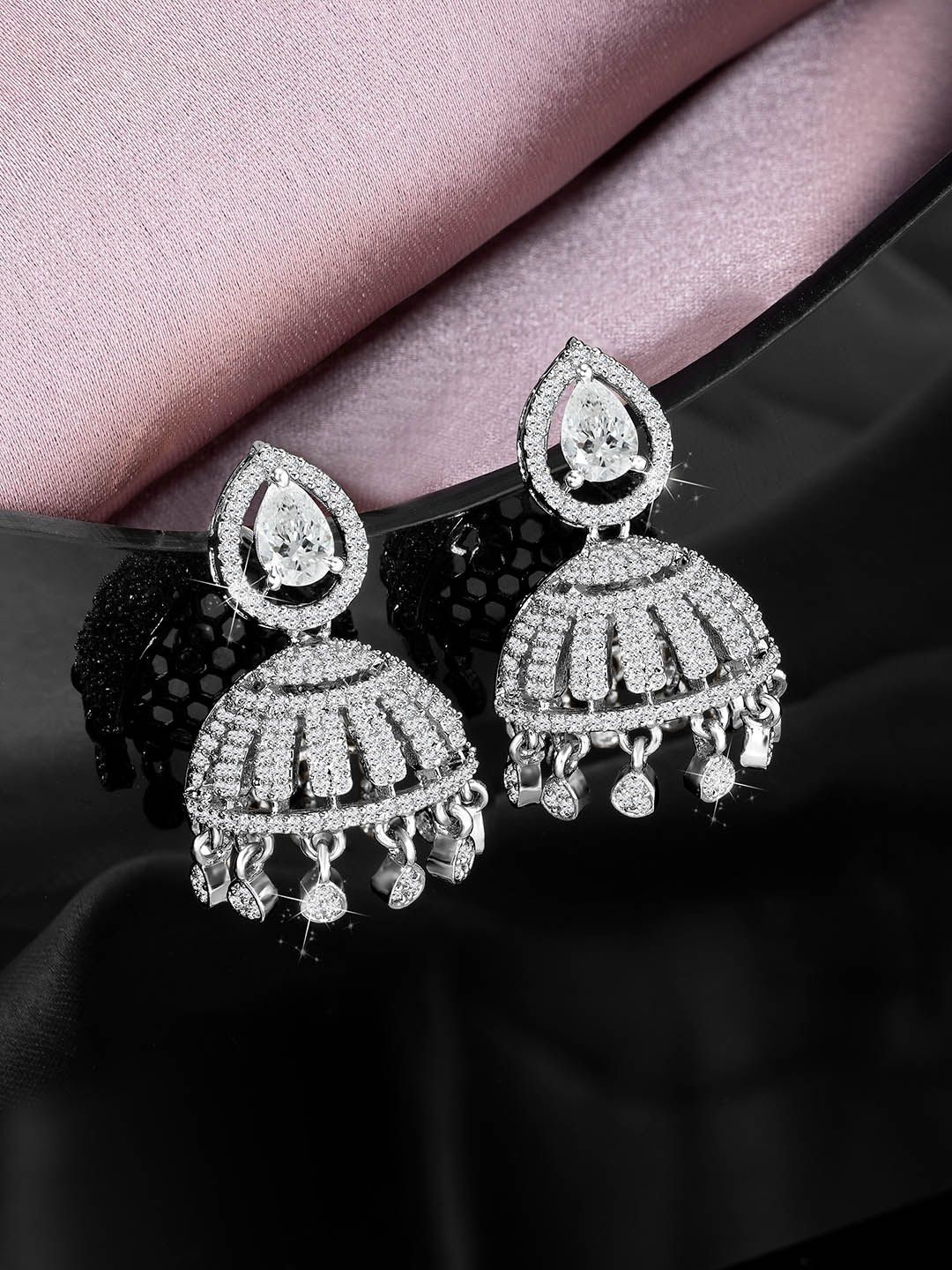 

Peora Silver-Plated Cubic Zirconia Studded Dome Shaped Jhumkas