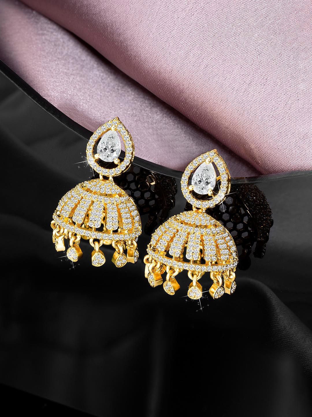 

Peora Gold-Plated Cubic Zirconia & Crystal Studded Contemporary Jhumkas
