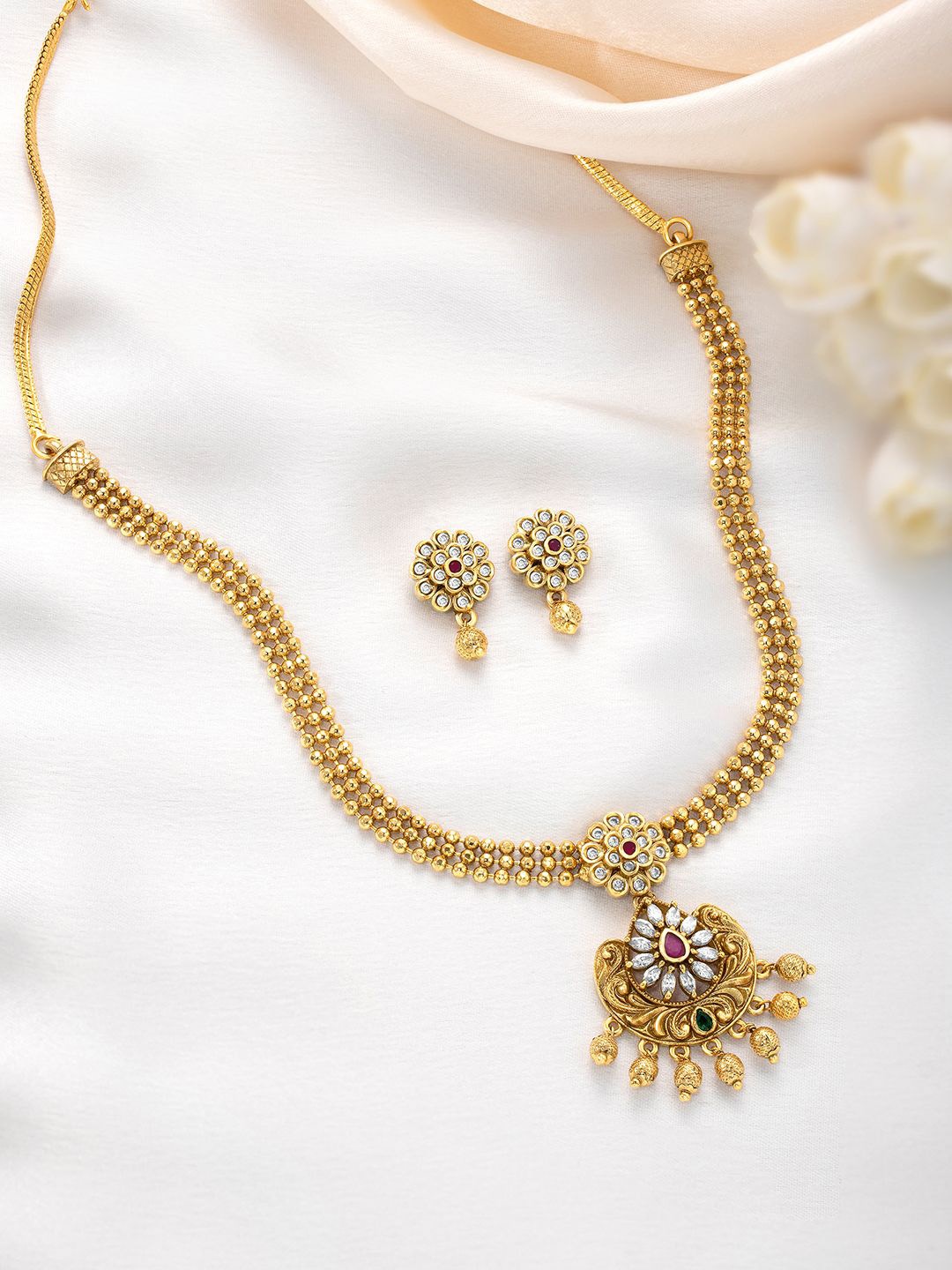 

Peora Gold-Plated Synthetic Stone Studded Pendant Style Necklace Earrings Set