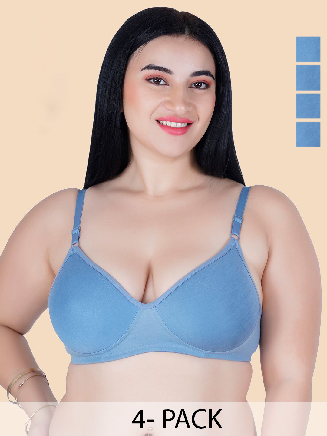 

KOMLI Pack Of 4 Lightly Padded Cotton T-shirt Bras With All Day Comfort, Blue
