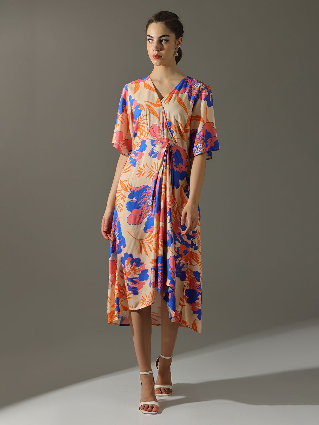 

Dora Dori Floral Printed Gathered Maxi Dress, Peach