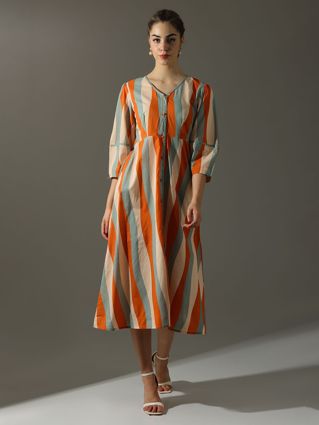 Dora Dori Relaxed Fit Striped A-Line Lace Inserts Dress, Rust