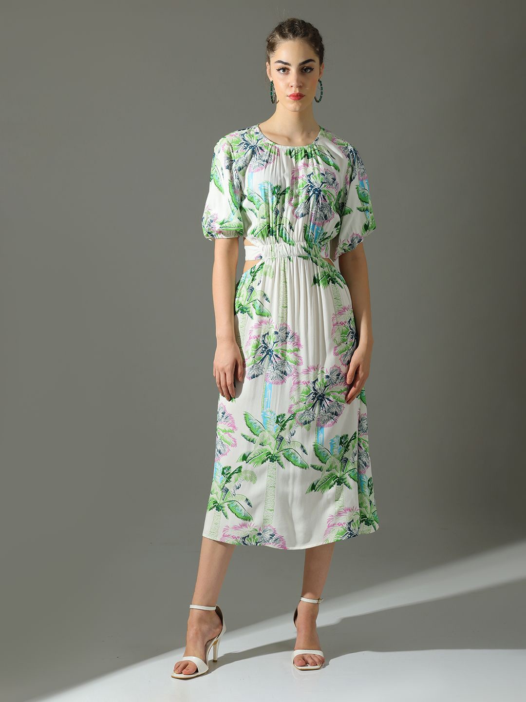 

Dora Dori Floral Printed Fit and Flare Cut-Outs Dress, White