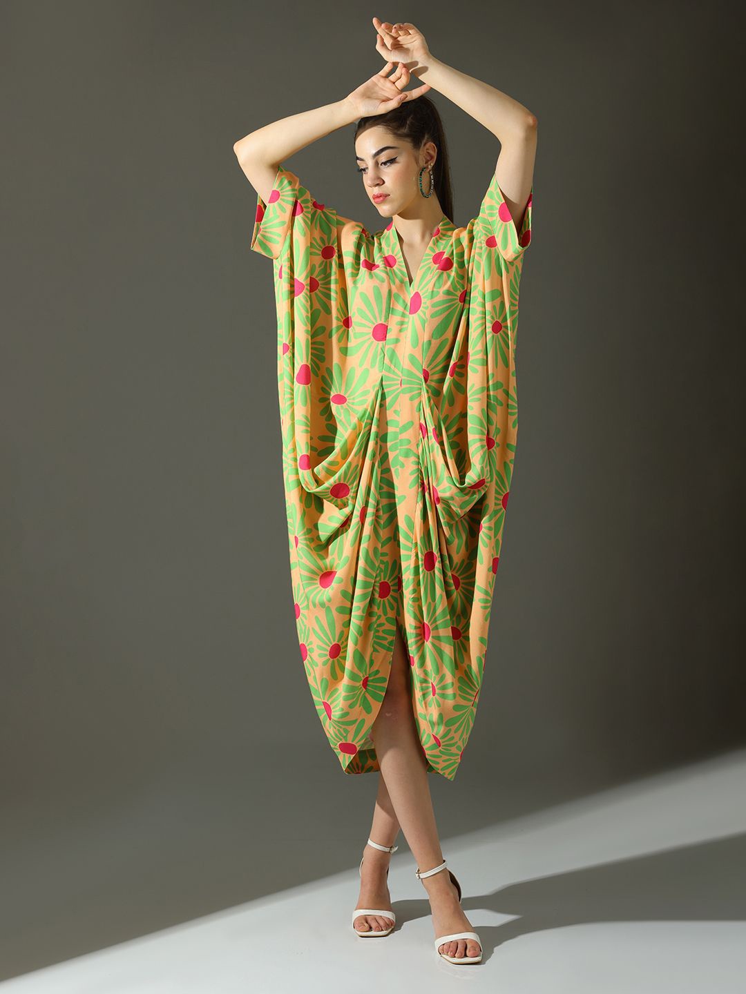 

Dora Dori Relaxed Fit Floral Printed Kaftan Dress, Peach
