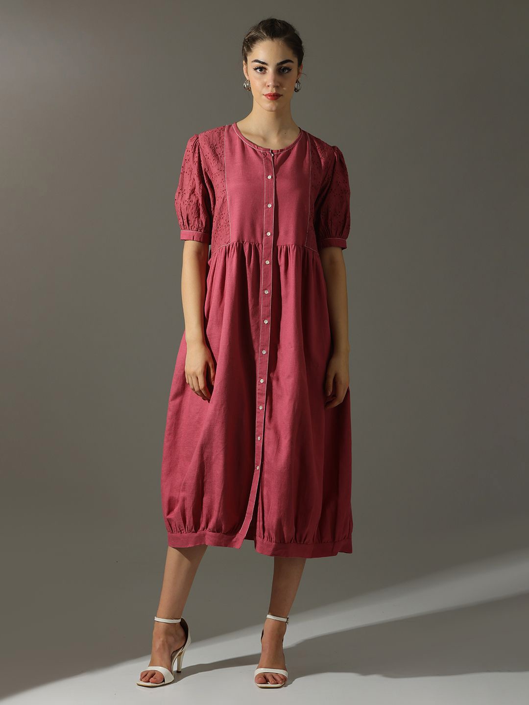 Dora Dori Relaxed Fit Solid Embroidered Dress, Pink