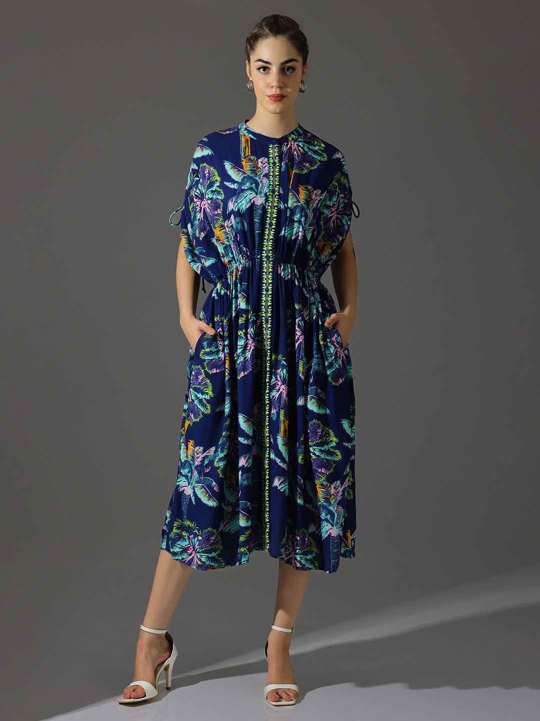 Dora Dori Relaxed Fit Floral Printed A-Line Gathered Dress, Blue