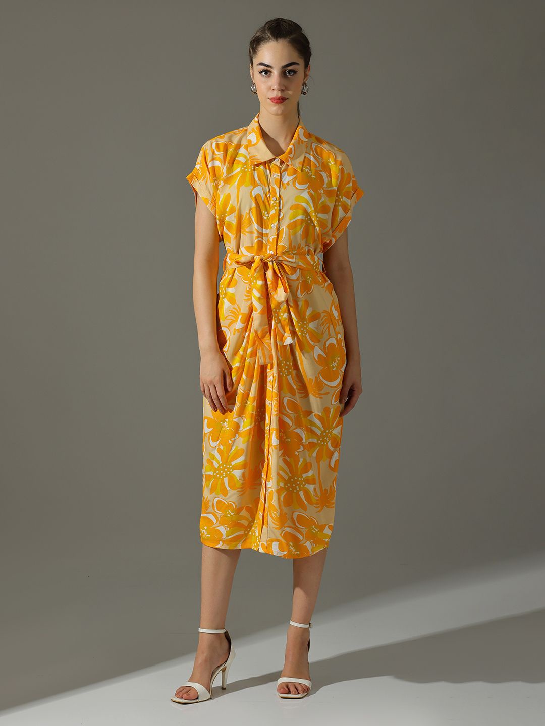 

Dora Dori Floral Printed Shirt Collar Belted Dress, Yellow