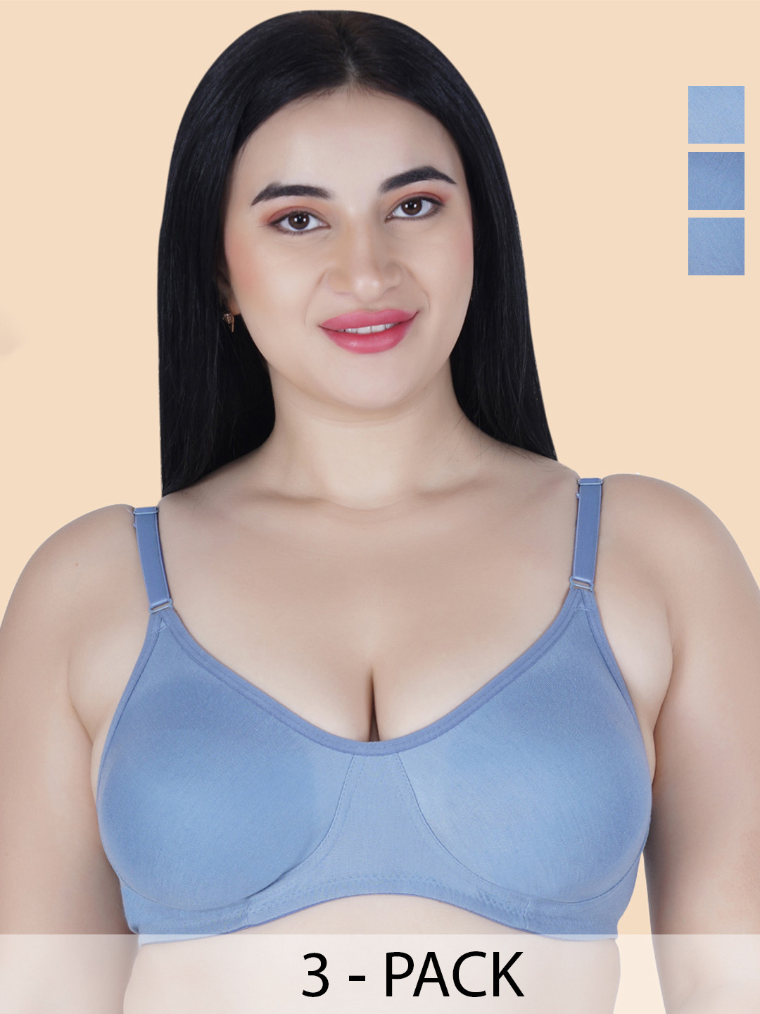 

KOMLI Pack Of 3 Cotton Non Padded T-shirt Bras With All Day Comfort, Blue