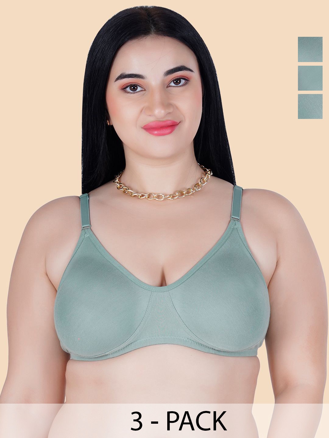 

KOMLI Pack Of 3 Non Padded Cotton T-shirt Bras With All Day Comfort, Olive