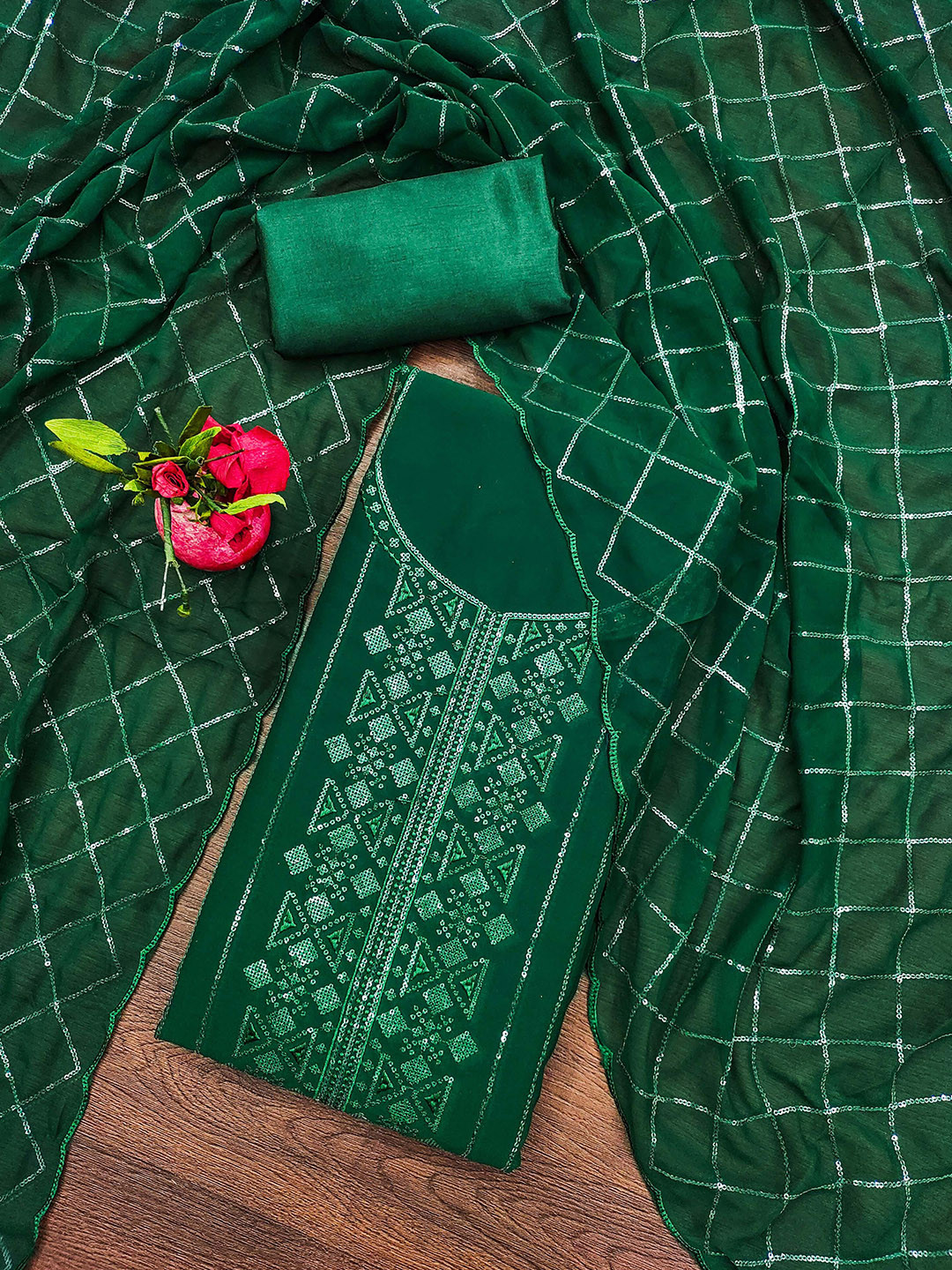 

KALINI Embellished Unstitched Dress Material, Green