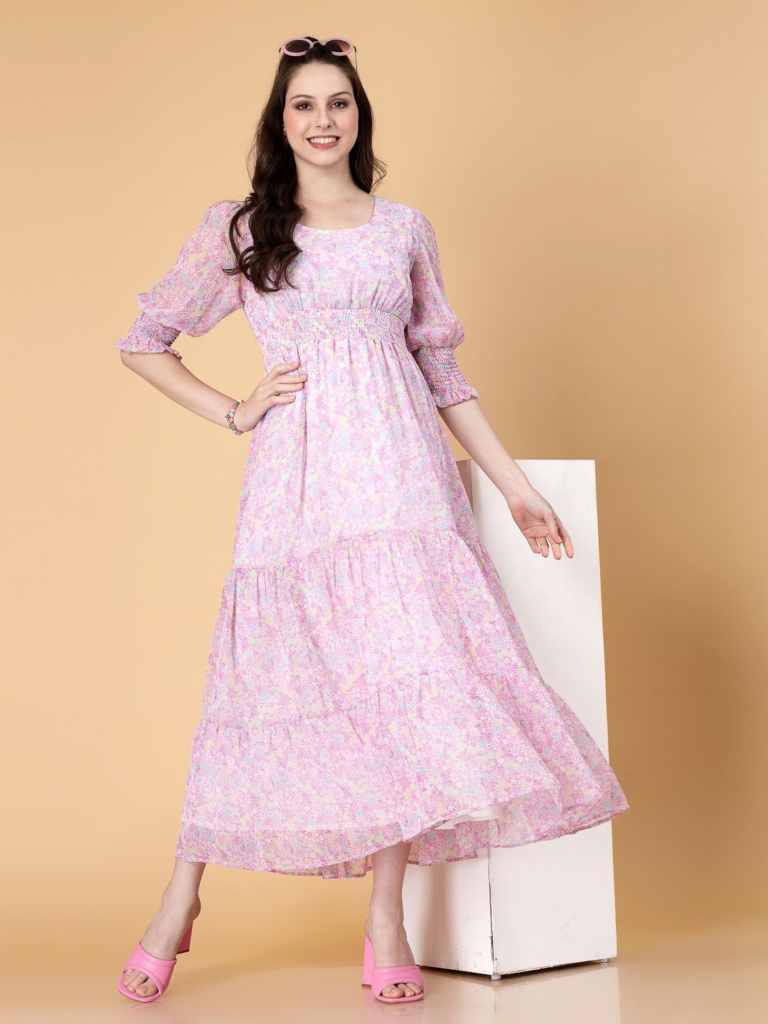 

RAASSIO Floral Print Georgette Tiered Maxi Dress, Purple