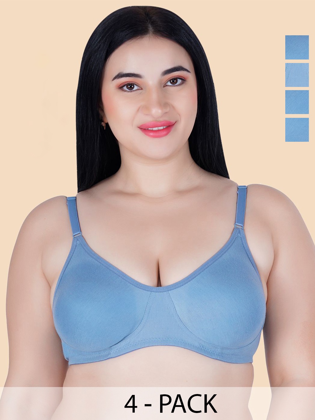 

KOMLI Pack Of 4 Non Padded Cotton T-shirt Bras With All Day Comfort, Blue