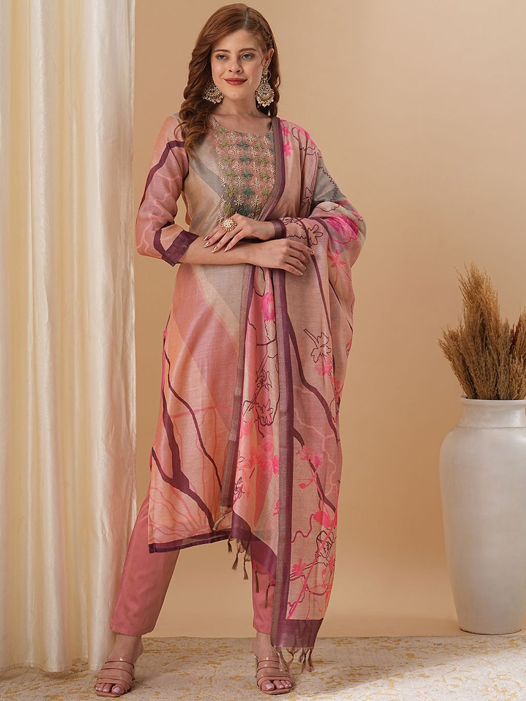 

FASHOR Abstract Printed Kantha Work Straight Kurta With Trousers & Dupatta, Pink